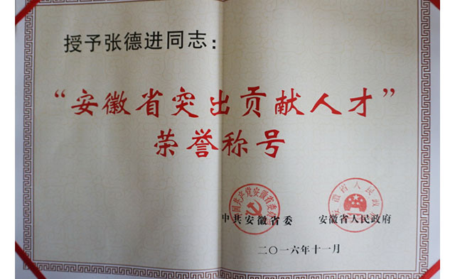 張德進(jìn)董事長(zhǎng)獲省委省政府授予的“安徽省突出貢獻(xiàn)人才”榮譽(yù)稱(chēng)號(hào)